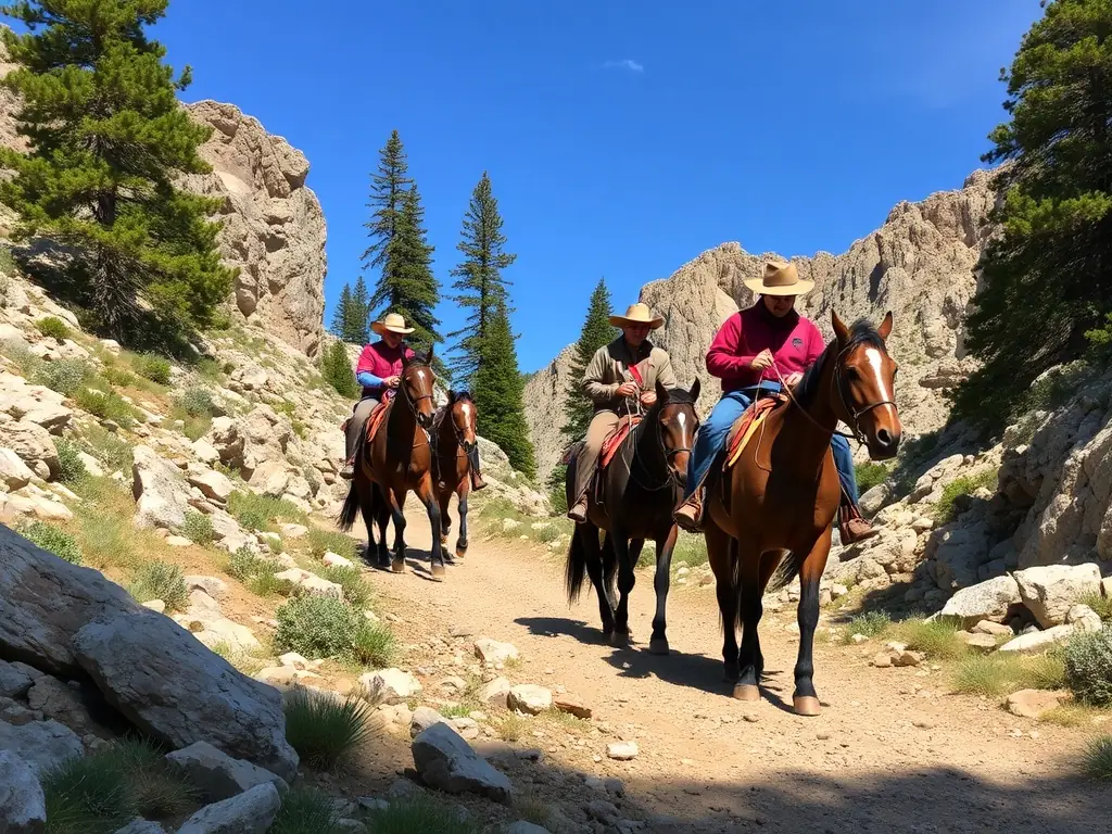 An image of participants navigating a mountain trail course with their horses, demonstrating the challenges and rewards of mountain trail riding.