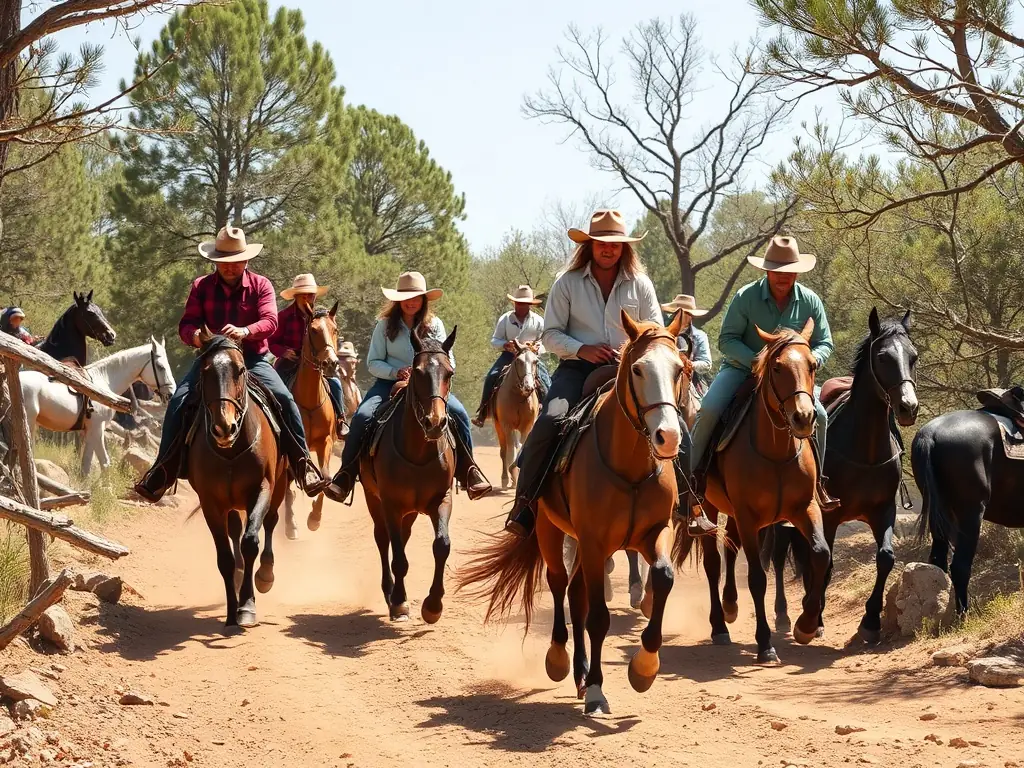 A scenic shot of a group of riders participating in a western riding lesson in a natural outdoor setting, showcasing the camaraderie and skill-building aspects of the program.