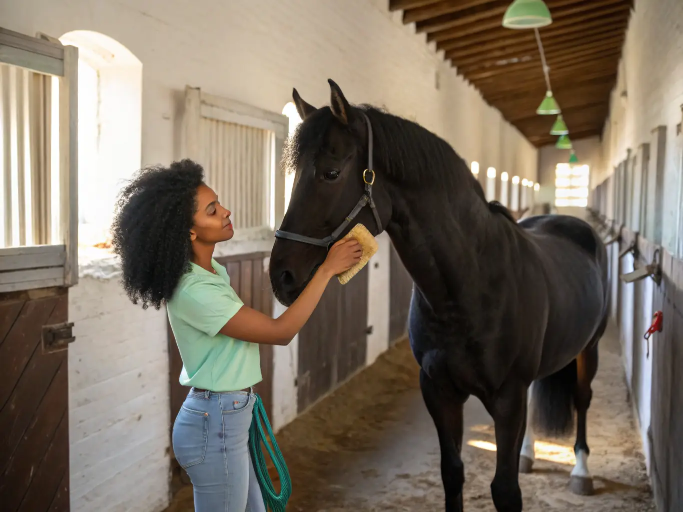 A volunteer assisting with horse care, such as grooming or feeding, highlighting the organization's commitment to responsible animal welfare and ethical treatment of horses.