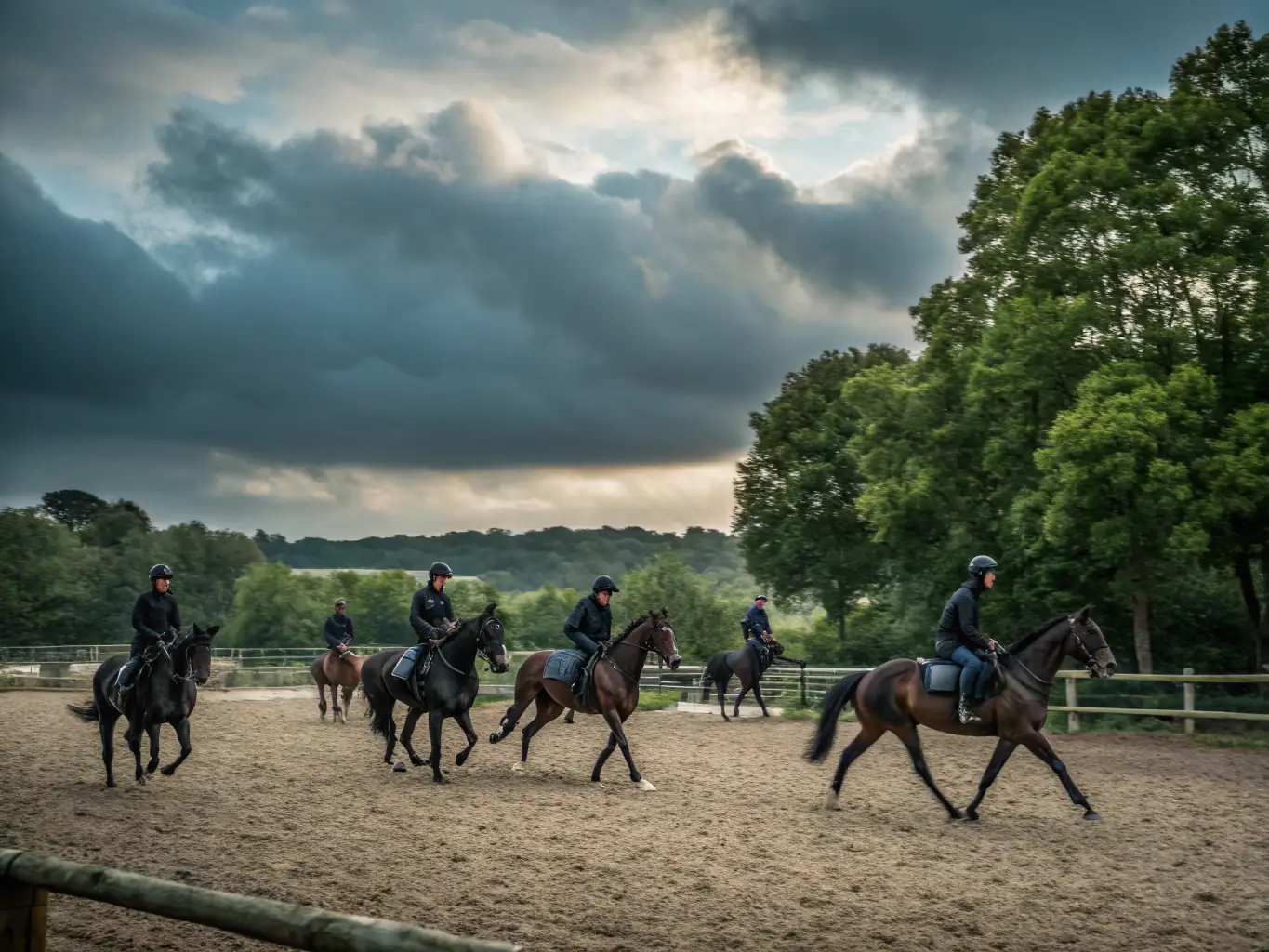 A group of riders of varying ages and skill levels participating in a western riding lesson in a picturesque outdoor arena, with a focus on the instructor providing guidance and encouragement.