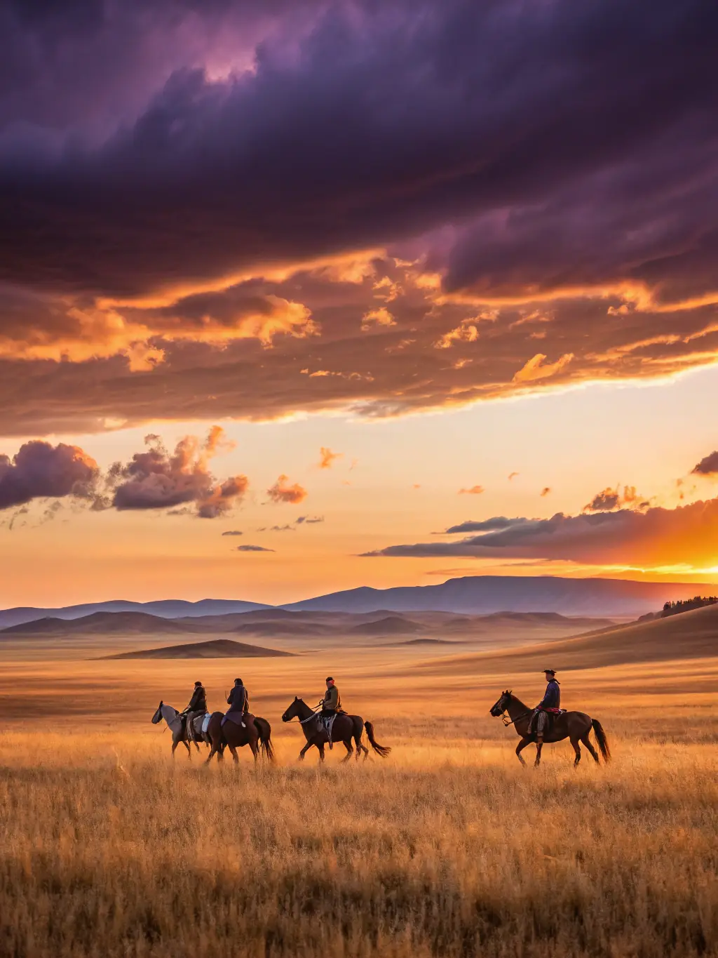 A scenic image of a group of riders on horseback enjoying a guided trail ride through a picturesque mountain landscape, emphasizing the beauty of nature and horsemanship.