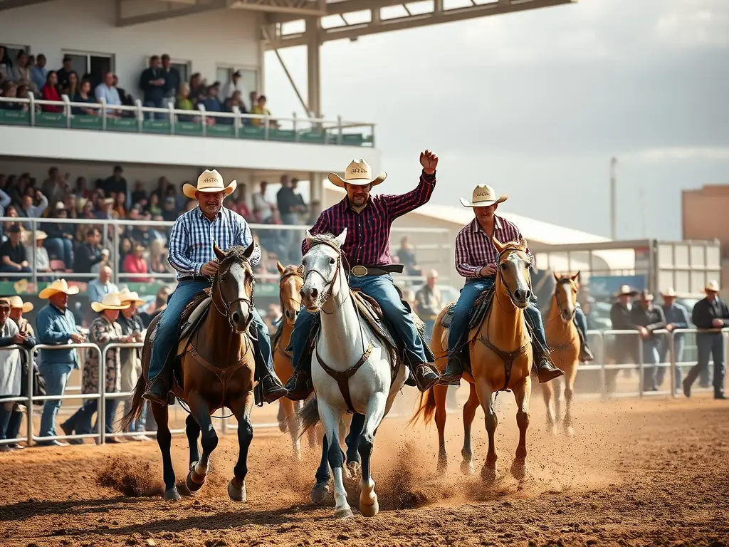 A dynamic photo capturing the excitement of a western riding competition, highlighting the skill and precision of the riders and their horses.